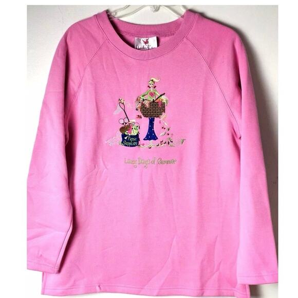 Quacker Factory Pink Embroidered Sweatshirt Lazy Days of Summer XL Cotton Blend - Picture 9 of 9